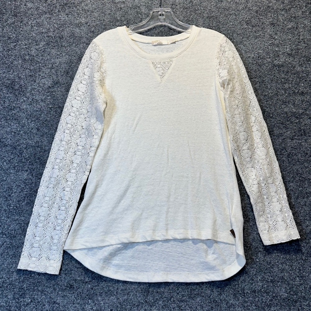 Prana Lace Sleeve Top Women Small Ivory Boho Organic Cotton Blend Hi-Low Hem